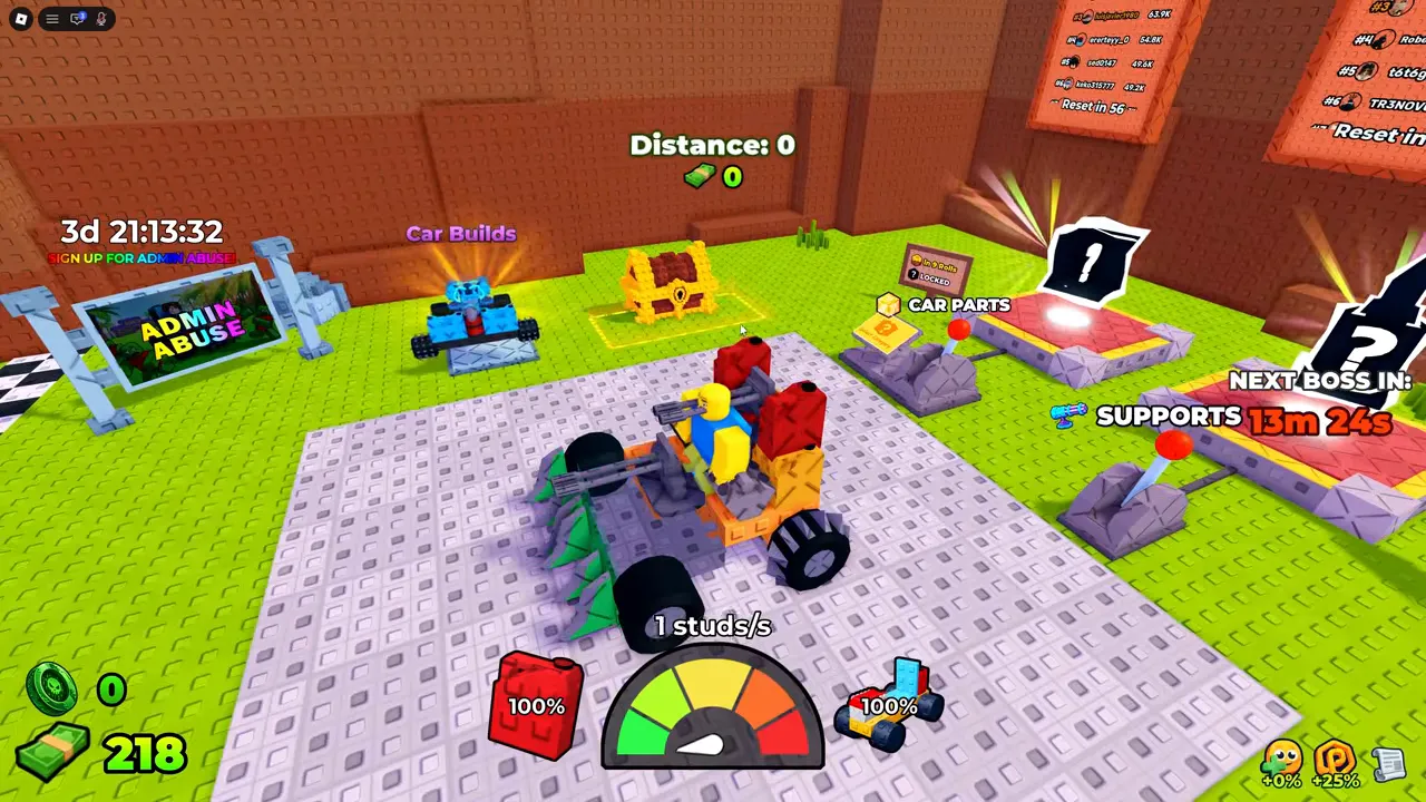 The lobby with an ADMIN ABUSE board and a countdown timer