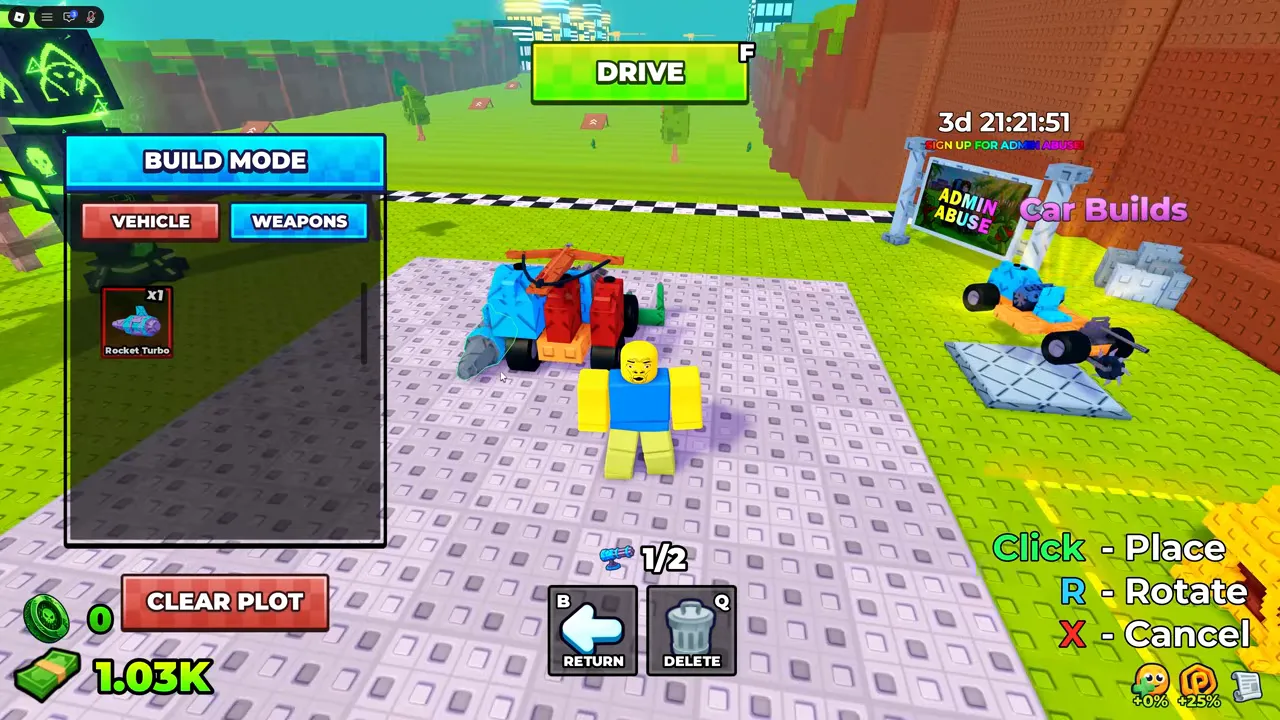 Build mode screen with the vehicle and weapons tabs and the key prompts