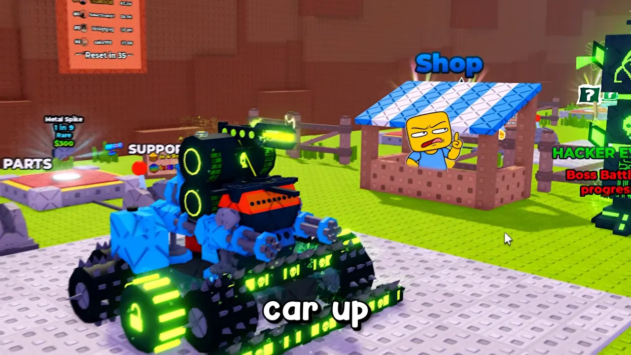 A heavily built car with tracked wheels and several roof-mounted weapons