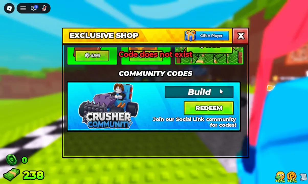 The code box with Build typed in and a red Code does not exist message above it