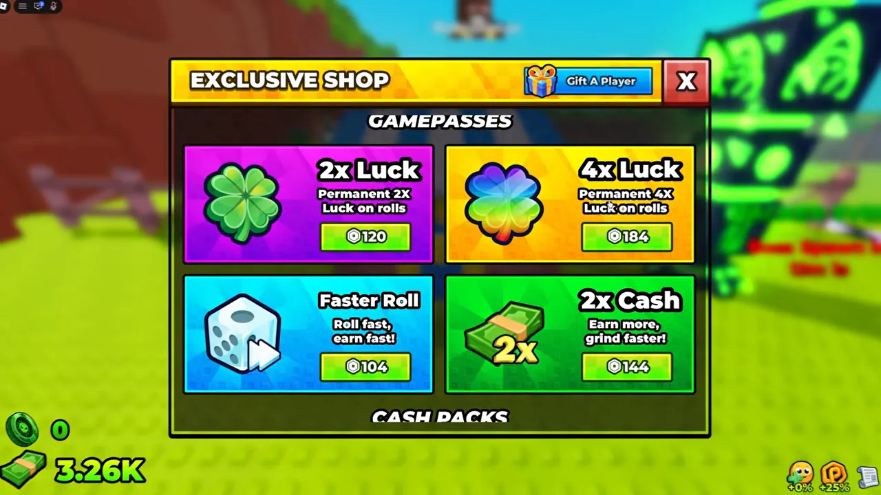 The in-game EXCLUSIVE SHOP showing four gamepasses