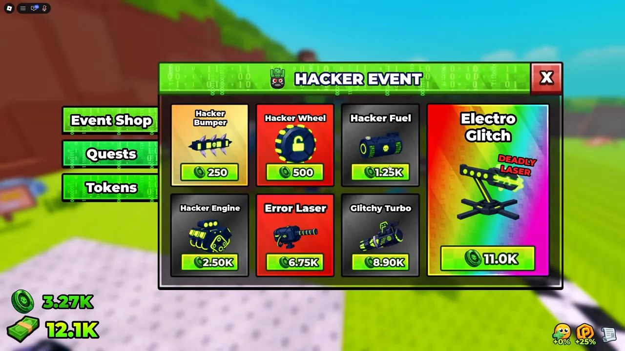 The HACKER EVENT shop panel with seven items and their prices