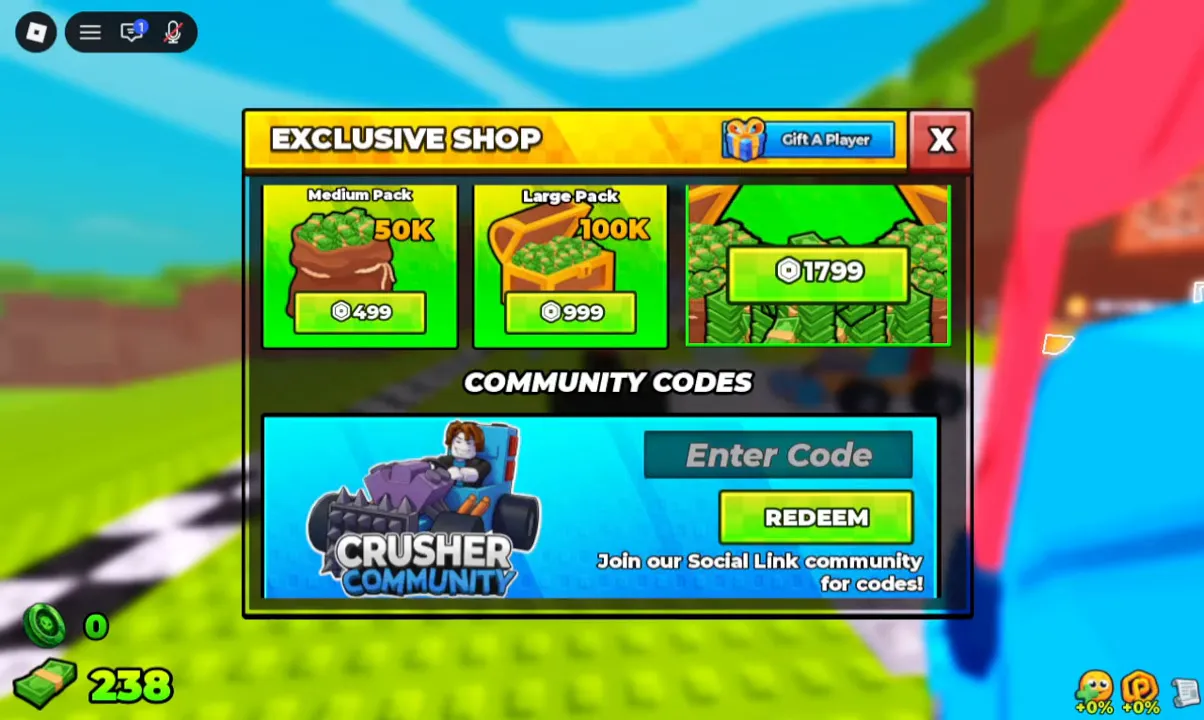 The EXCLUSIVE SHOP panel scrolled down to COMMUNITY CODES, with an Enter Code box and a REDEEM button