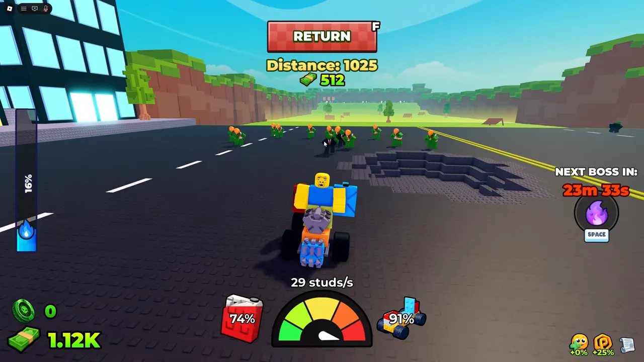 A car driving down a city road towards zombies