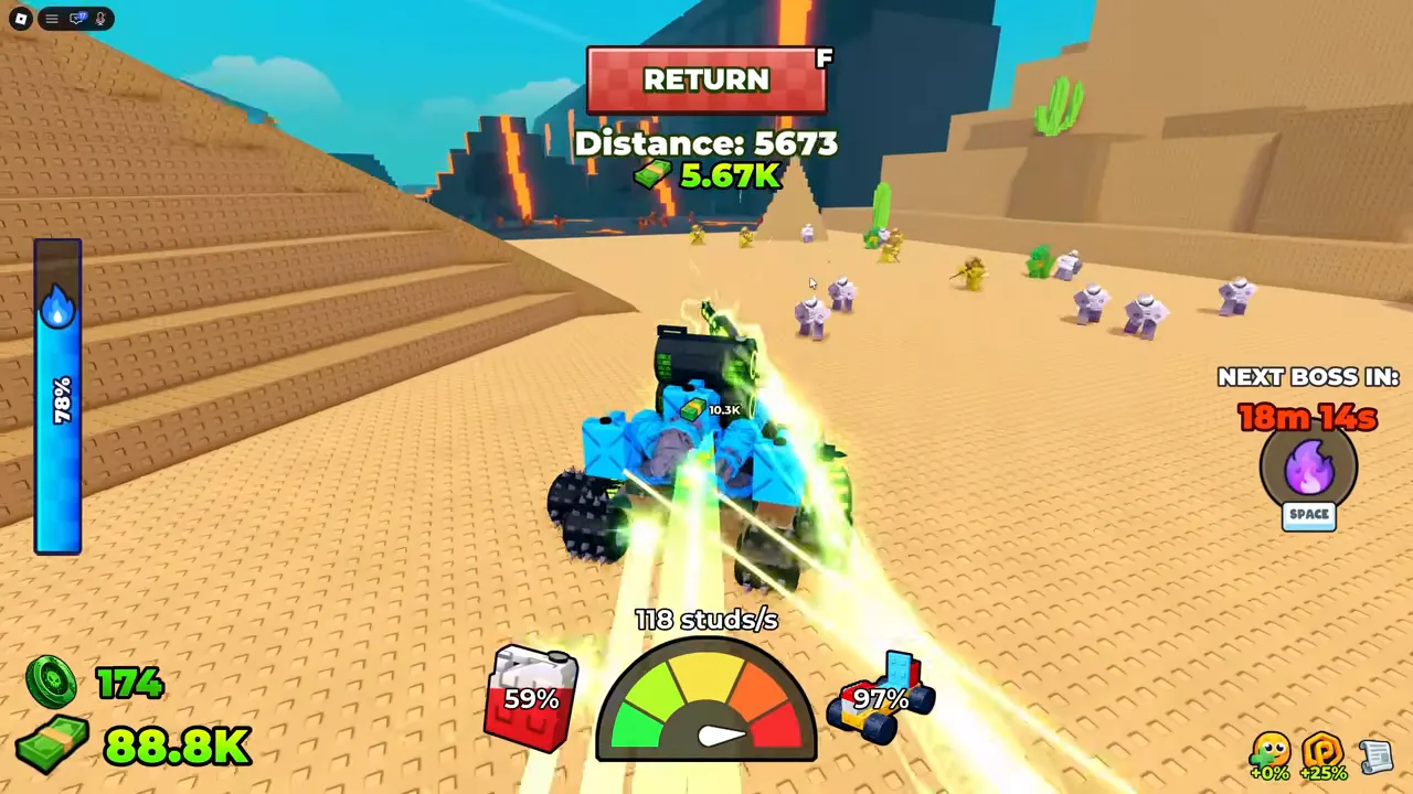 A car firing lasers while driving across desert with lava in the distance