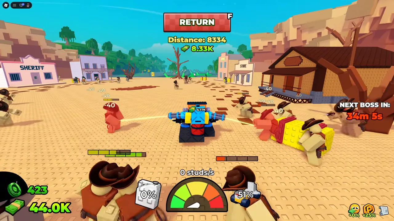 A stopped car in a western town surrounded by zombies