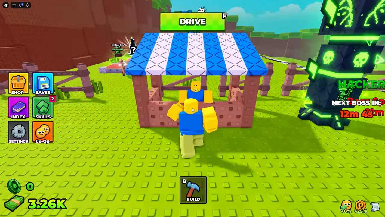 A player walking up to the lobby stall under the Shop sign
