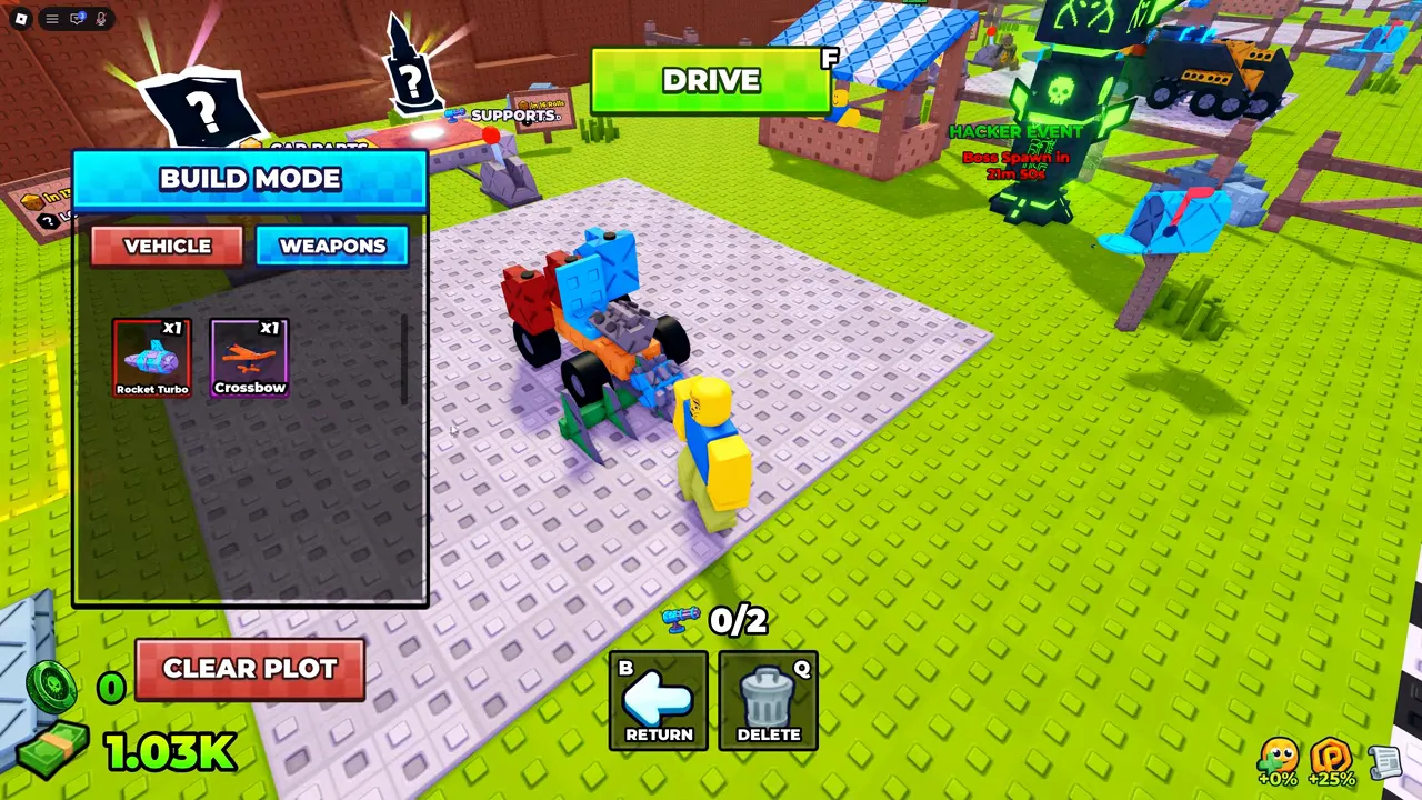 Build mode with a Green Smasher fitted to the front of the car and the counter at 0/2