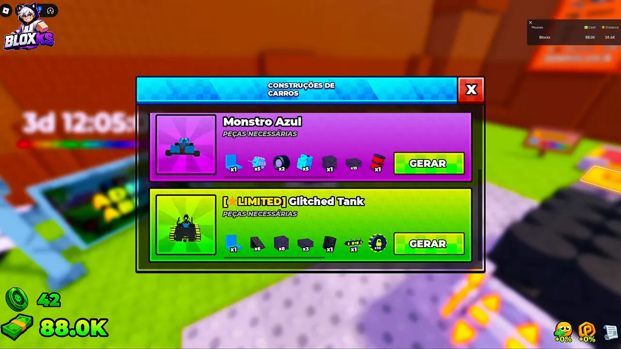 The car builds panel listing a Monstro Azul preset and a limited Glitched Tank preset, each with a GERAR button