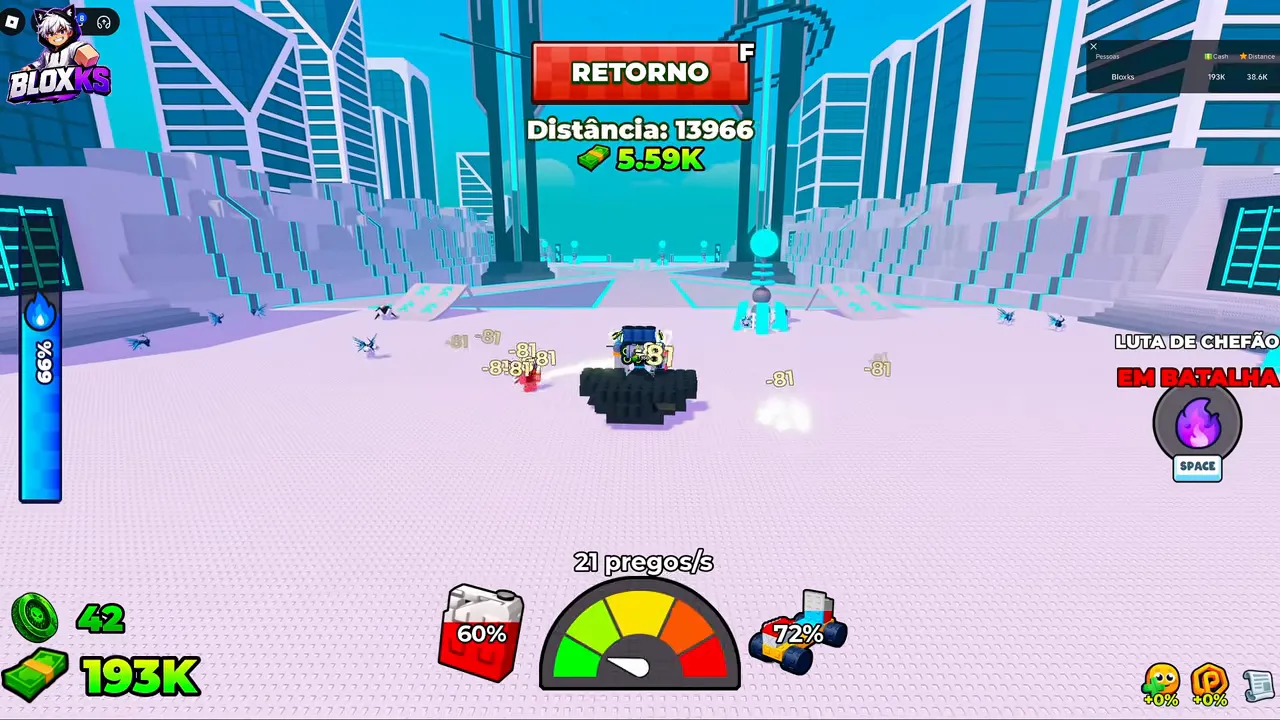 A run at distance 13966 through pale lavender city blocks edged in cyan