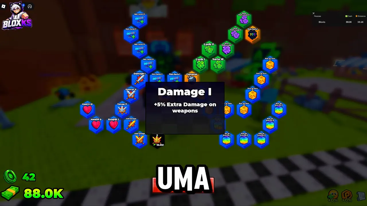 A skill tree tooltip reading Damage I, plus 5 percent extra damage on weapons