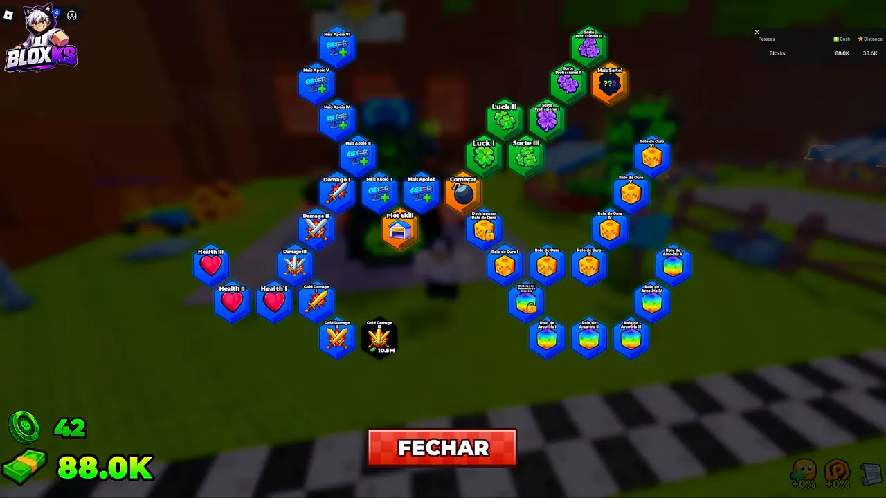 The whole skill tree in one frame, made of blue hexagon nodes with a green cluster near the top