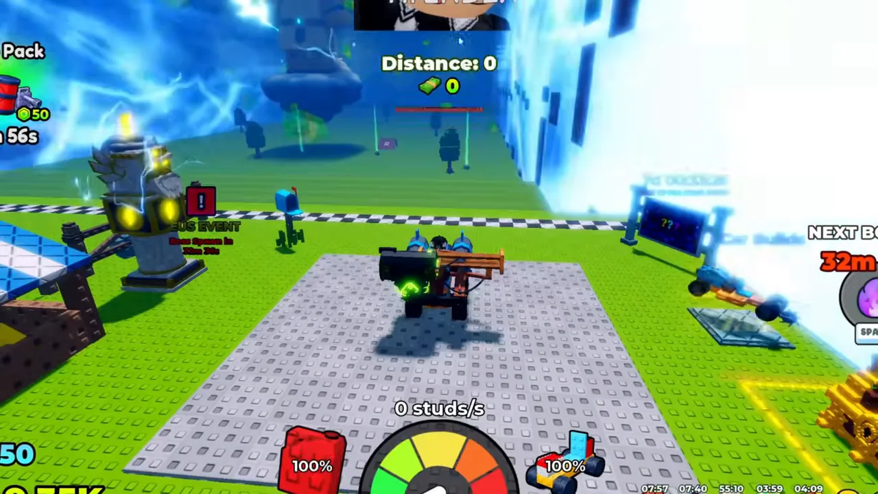 A lightning-lit kiosk labelled Zeus Event with a Boss Spawn In countdown, beside a car carrying an unlabelled weapon