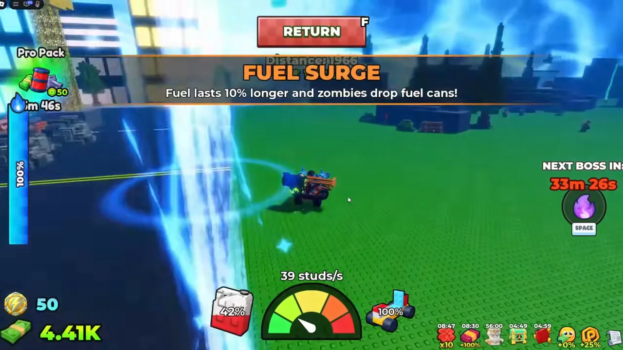 A banner reading FUEL SURGE: fuel lasts 10 percent longer and zombies drop fuel cans