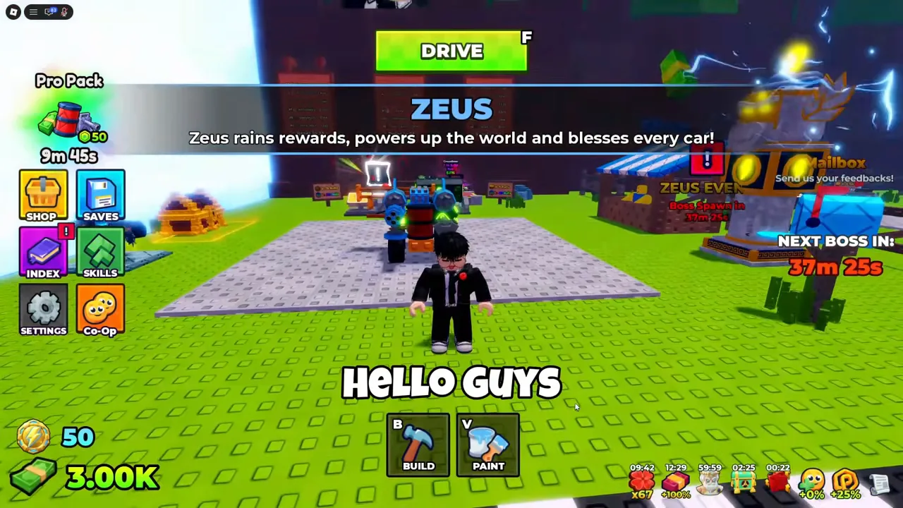 A banner reading ZEUS, with Zeus rains rewards, powers up the world and blesses every car, over the lobby